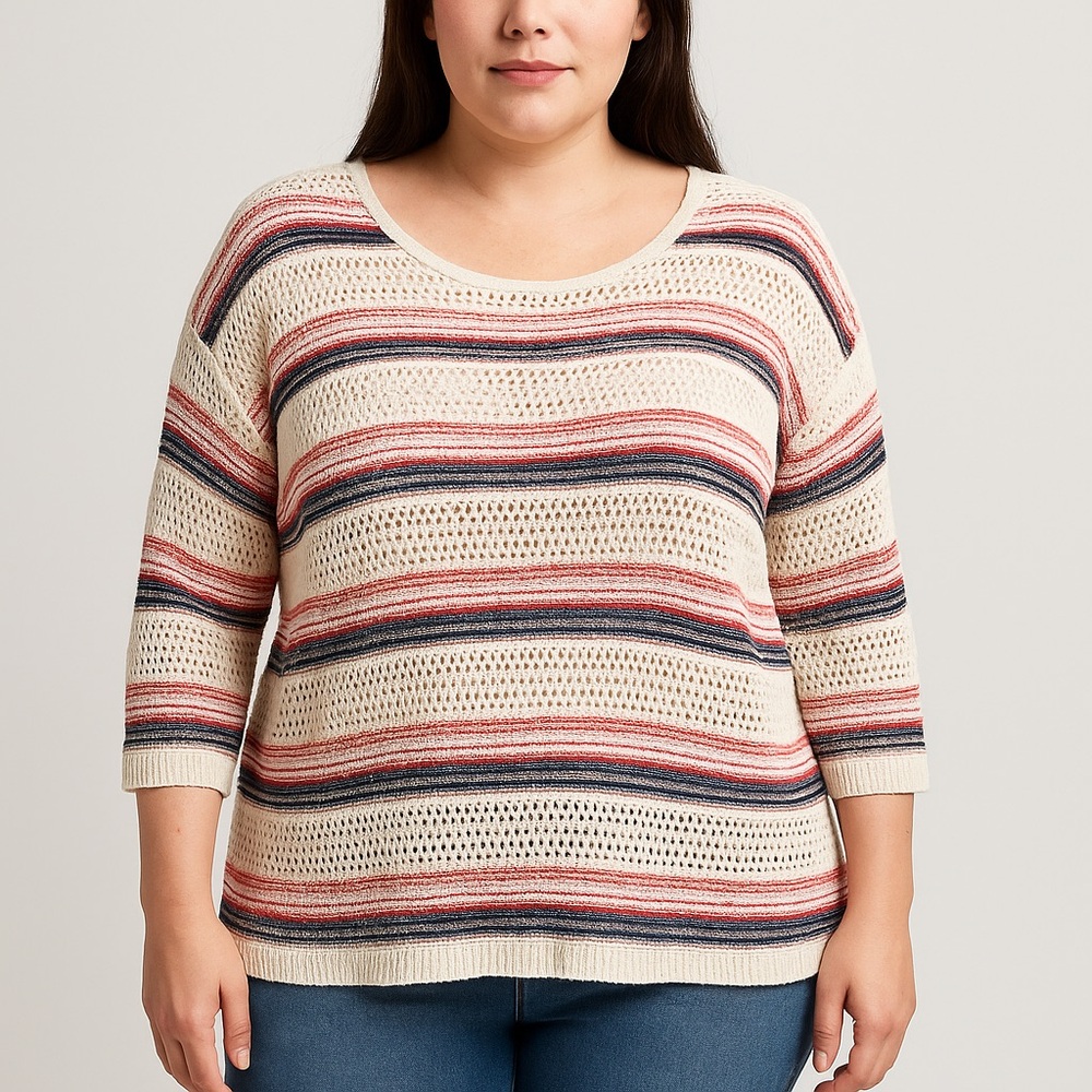 Maurices Women’s XL Striped Open Knit Sweater 3/4 Sleeve Cream Red Blue